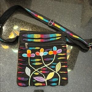 NWOT Artistic Black Crossbody Bag with Colorful Floral‎ Design